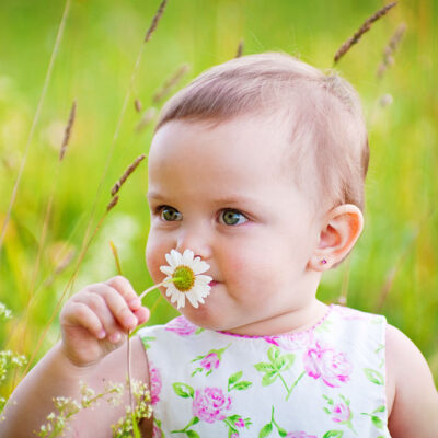 Baby at an outdoor naming ceremony smelling a daisy